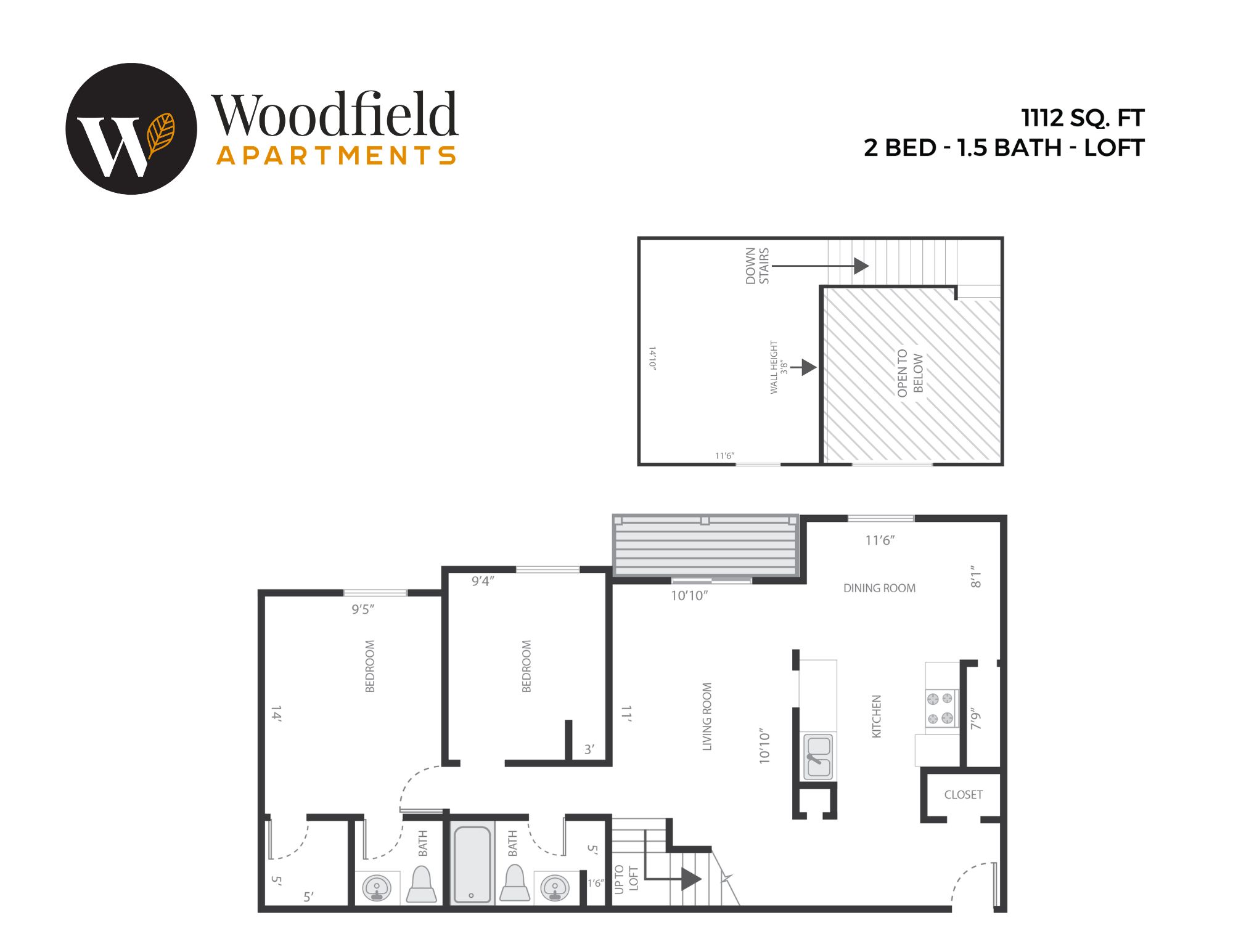 Floor plan for 2 beds, 1 bath, 1112 sqft